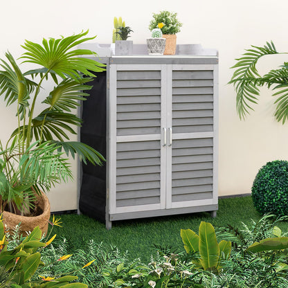 Goplus Outdoor Potting Bench Table, Garden Storage Cabinet w/Metal Tabletop