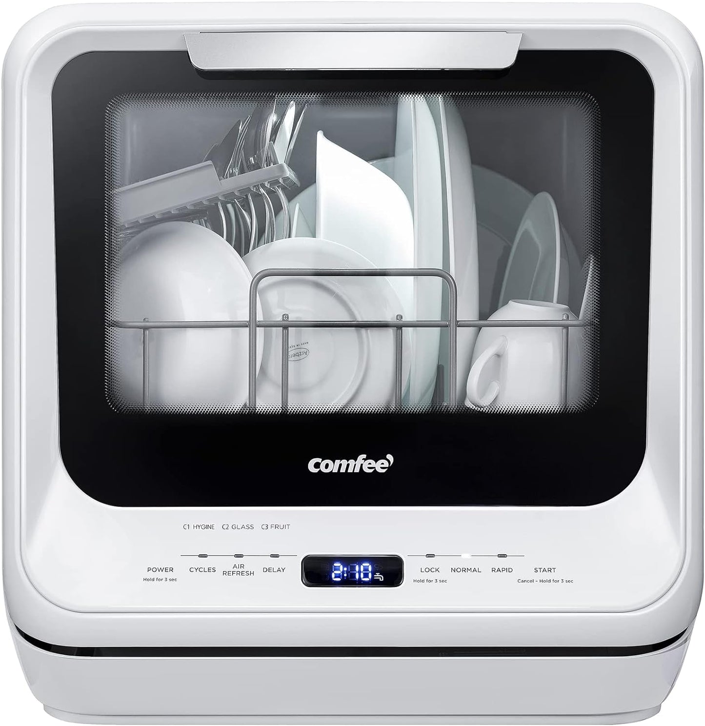 COMFEE' Portable Dishwasher Countertop with 5L Built-in Water Tank, No Hookup Needed, 6 Programs, 360?? Dual Spray, 192?H High-Temp& Air-Dry Function, Mini Dishwasher for RVs, White