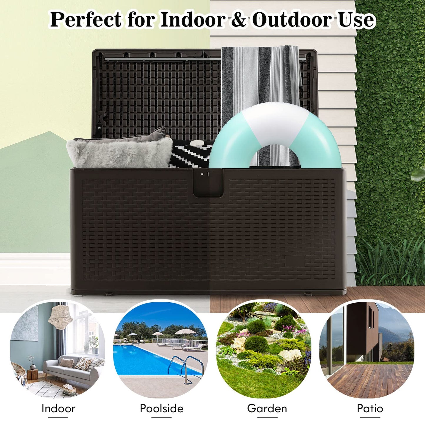 Outdoor Storage Box, 31 73 100 Gallon Waterproof Resin Patio Storage Box with Lockable Lid, Side Handle for Pillows, Cushions