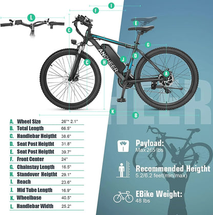 ANCHEER Gladiator 500W 26" Electric Bike for Adults, Electric Mountain Bike with 2.1 Inch eMTB Tire, 48V 10.4Ah Battery, 3H Fast Charge, Shimano 21 Speed, Adults Electric Bicycle
