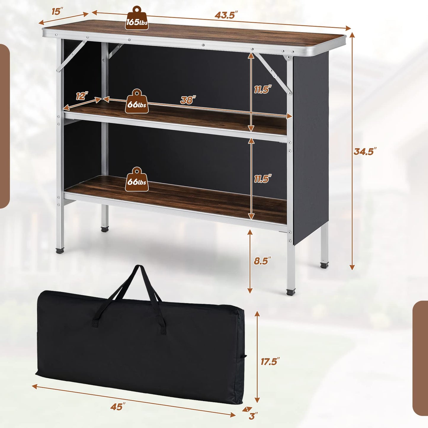 Goplus Folding Camping Table, Aluminum Portable Pop-Up Bar Table with 2-Tier Storage Shelves