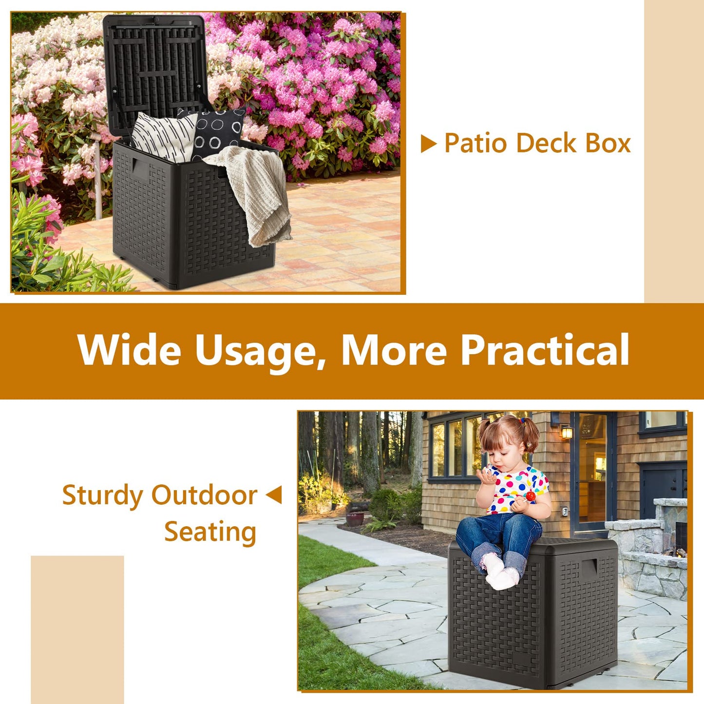 Outdoor Storage Box, 31 73 100 Gallon Waterproof Resin Patio Storage Box with Lockable Lid, Side Handle for Pillows, Cushions