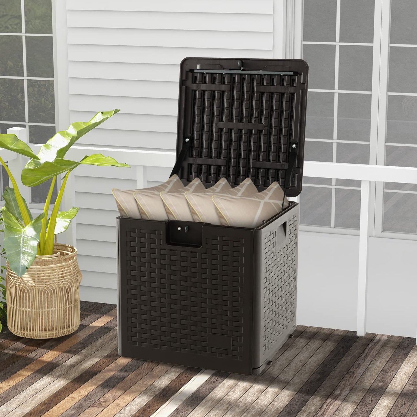 Outdoor Storage Box, 31 73 100 Gallon Waterproof Resin Patio Storage Box with Lockable Lid, Side Handle for Pillows, Cushions