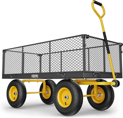 Steel Garden Cart, 2-in-1 1400 lbs Heavy Duty Utility Wagon, with Removable Mesh Sides to Convert into Flatbed, 240?? U-Turn 13" Pneumatic Tires Garden Wagon for Farm Yard Lawn Garden Camping