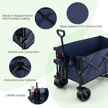 Collapsible Wagon Cart, Foldable Heavy Duty Utility Wagon with Adjustable Handle