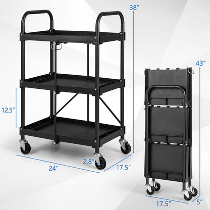 Folding Utility Cart, 3-Tier Rolling Tool Cart with Universal Wheels, 330 LBS Weight Capacity, Black