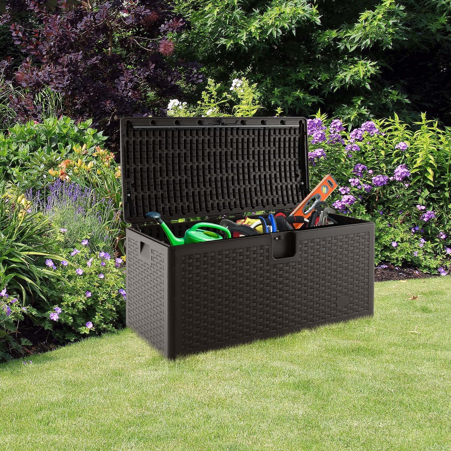 Outdoor Storage Box, 31 73 100 Gallon Waterproof Resin Patio Storage Box with Lockable Lid, Side Handle for Pillows, Cushions