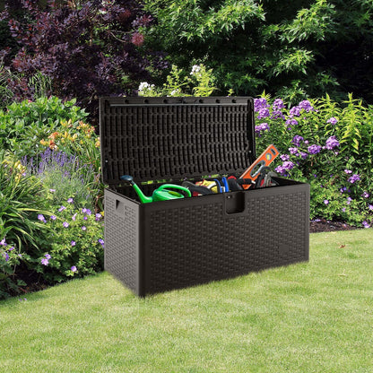 Outdoor Storage Box, 31 73 100 Gallon Waterproof Resin Patio Storage Box with Lockable Lid, Side Handle for Pillows, Cushions