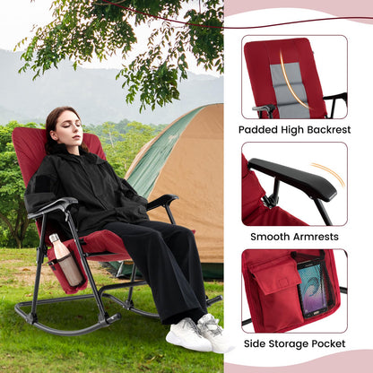 Oversized Folding Rocking Chair, Padded Patio Lounge Rocker w/Metal Frame, Armrests, Side Pocket