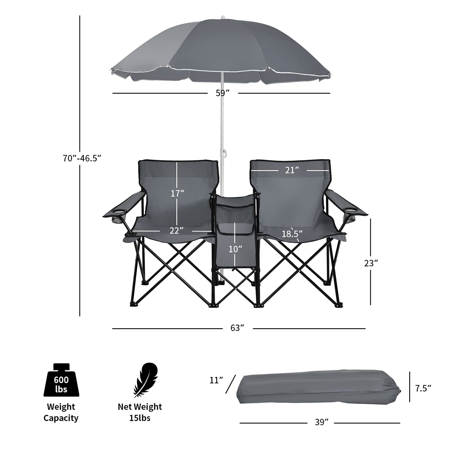 Double Folding Picnic Chairs Umbrella Mini Table Beverage Holder Carrying Bag