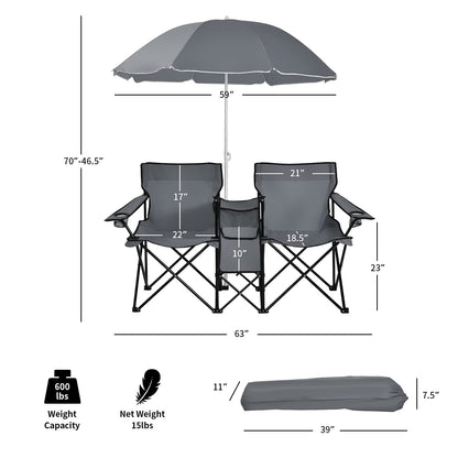 Double Folding Picnic Chairs Umbrella Mini Table Beverage Holder Carrying Bag