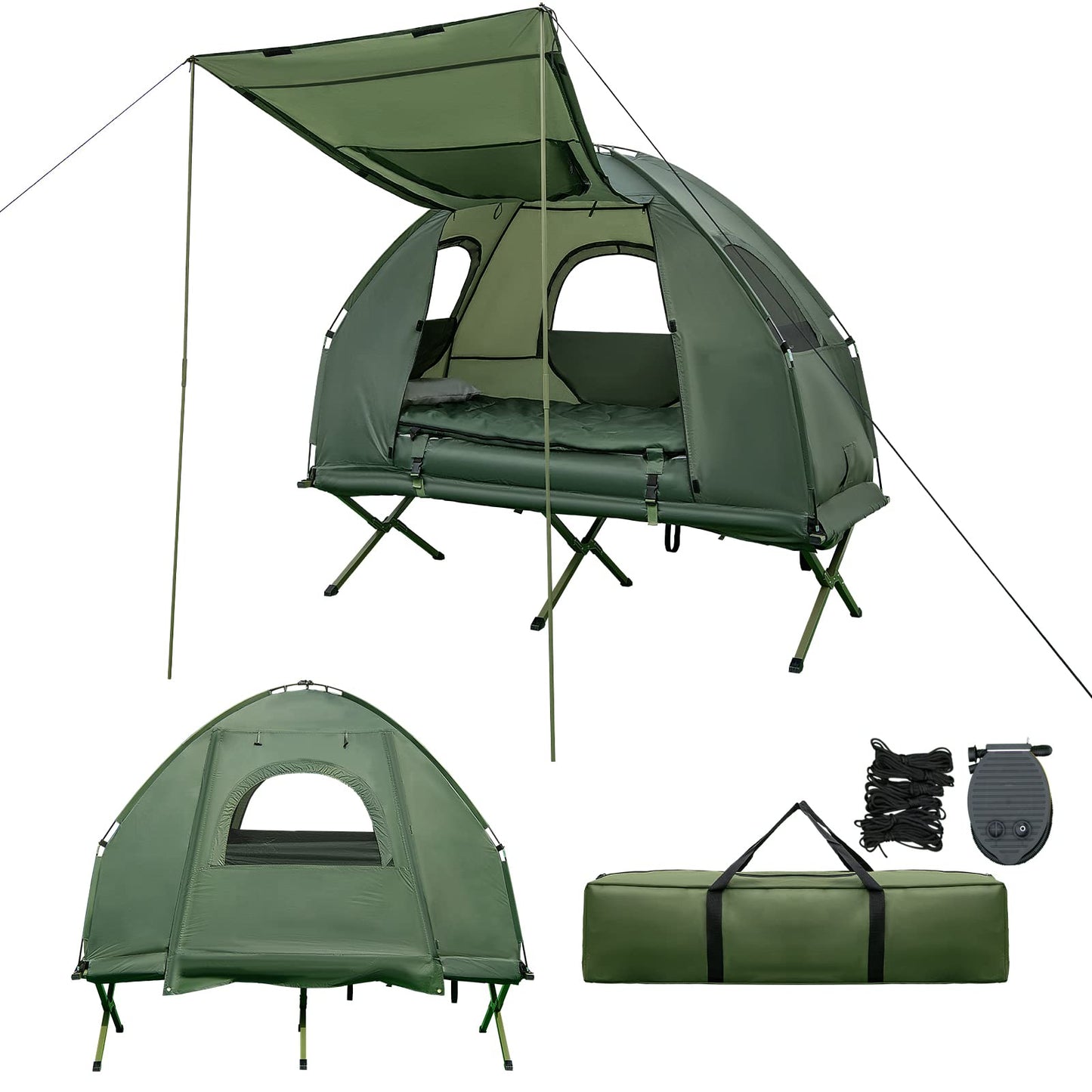 Camping Tent Cot, 5-in-1 Folding Camping Bed with Air Mattress, Pillow, Sleeping Bag
