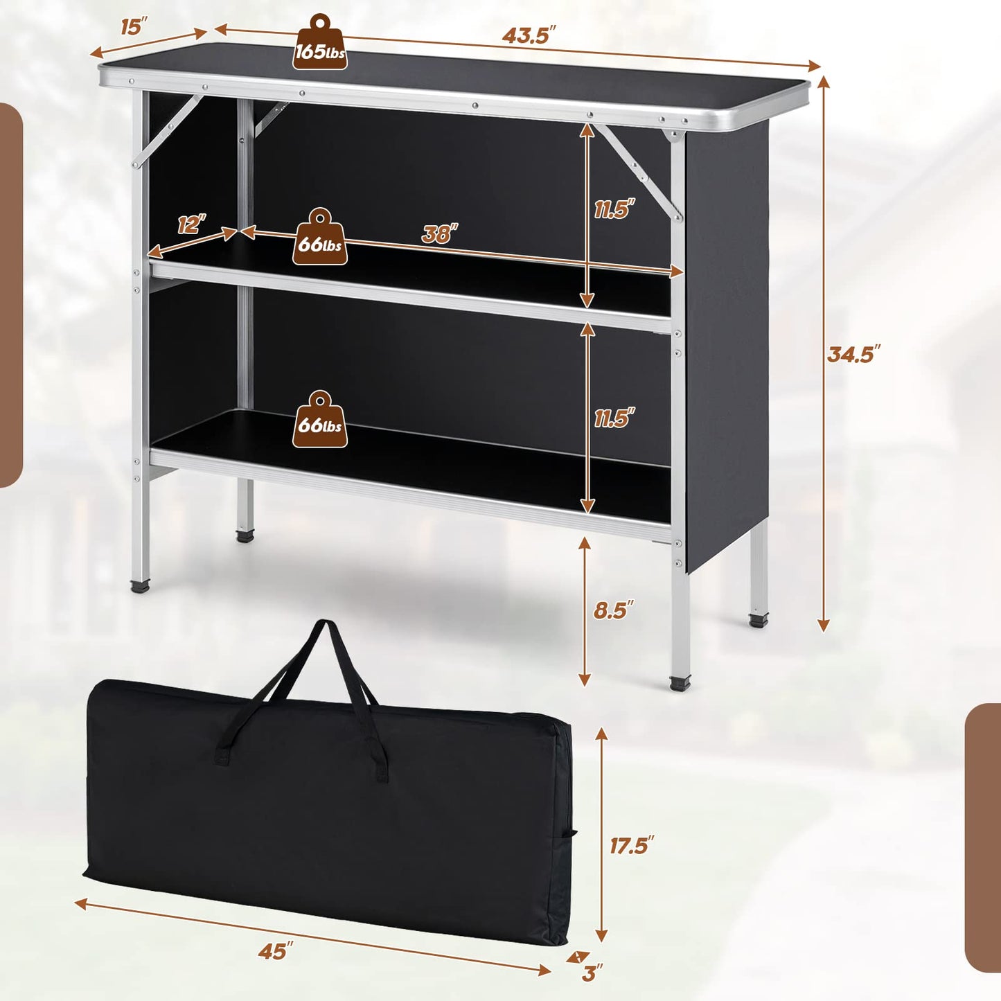 Goplus Folding Camping Table, Aluminum Portable Pop-Up Bar Table with 2-Tier Storage Shelves