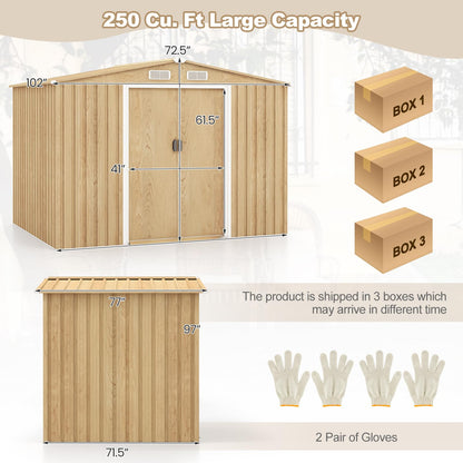 8' x 6' Woodgrain Outdoor Storage Shed, Galvanized Metal Tool House Organizer w/Base Floor, 4 Vents