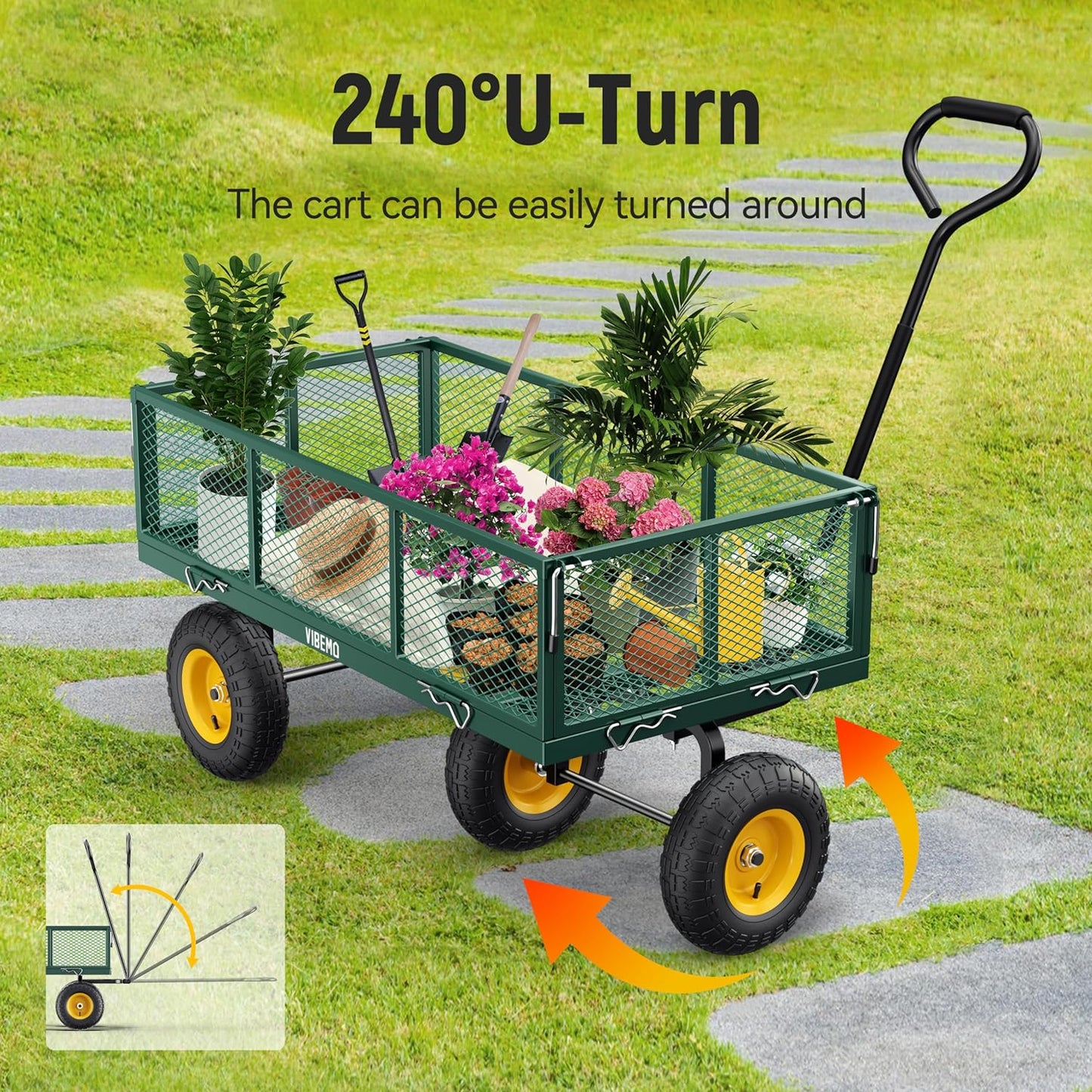 Steel Garden Cart, 2-in-1 1400 lbs Heavy Duty Utility Wagon, with Removable Mesh Sides to Convert into Flatbed, 240?? U-Turn 13" Pneumatic Tires Garden Wagon for Farm Yard Lawn Garden Camping