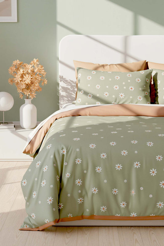 Minimal Green Daisy Polycotton Double Size Duvet Cover Set, Zipper, 200×215 cm, 3-Piece