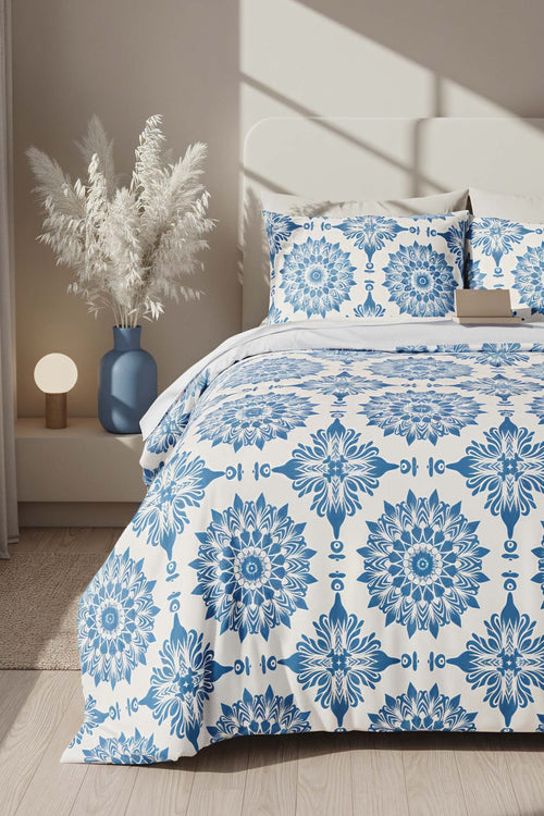Alaçatı Blue Polycotton Double Size Duvet Cover Set, Zipper, 200×215 cm, 3-Piece