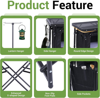 Portable Charcoal Grill, Folding Camping Grills + Camping Kitchen Station, Camping Table, Picnic Table, Grill Table, Folding Table
