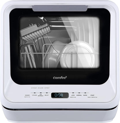 COMFEE' Portable Dishwasher Countertop with 5L Built-in Water Tank, No Hookup Needed, 6 Programs, 360?? Dual Spray, 192?H High-Temp& Air-Dry Function, Mini Dishwasher for RVs, White