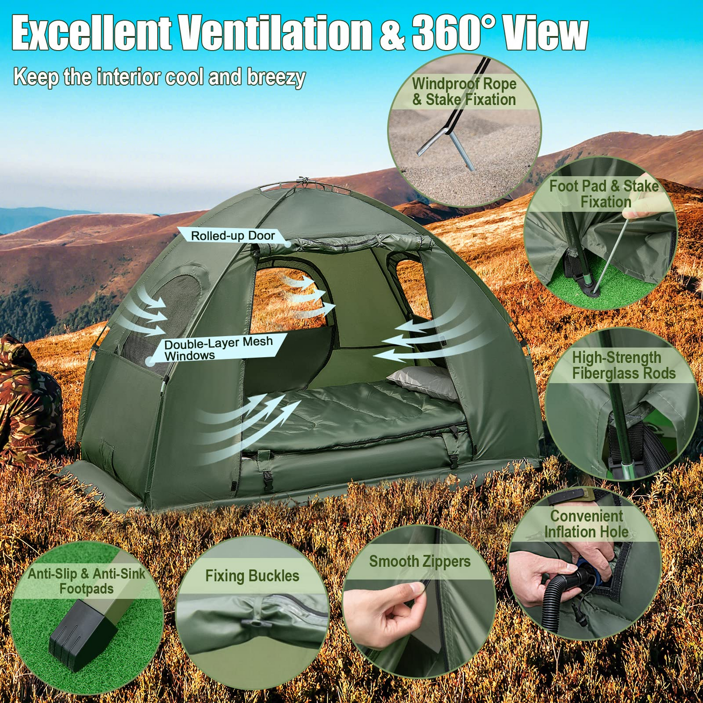 Camping Tent Cot, 5-in-1 Folding Camping Bed with Air Mattress, Pillow, Sleeping Bag