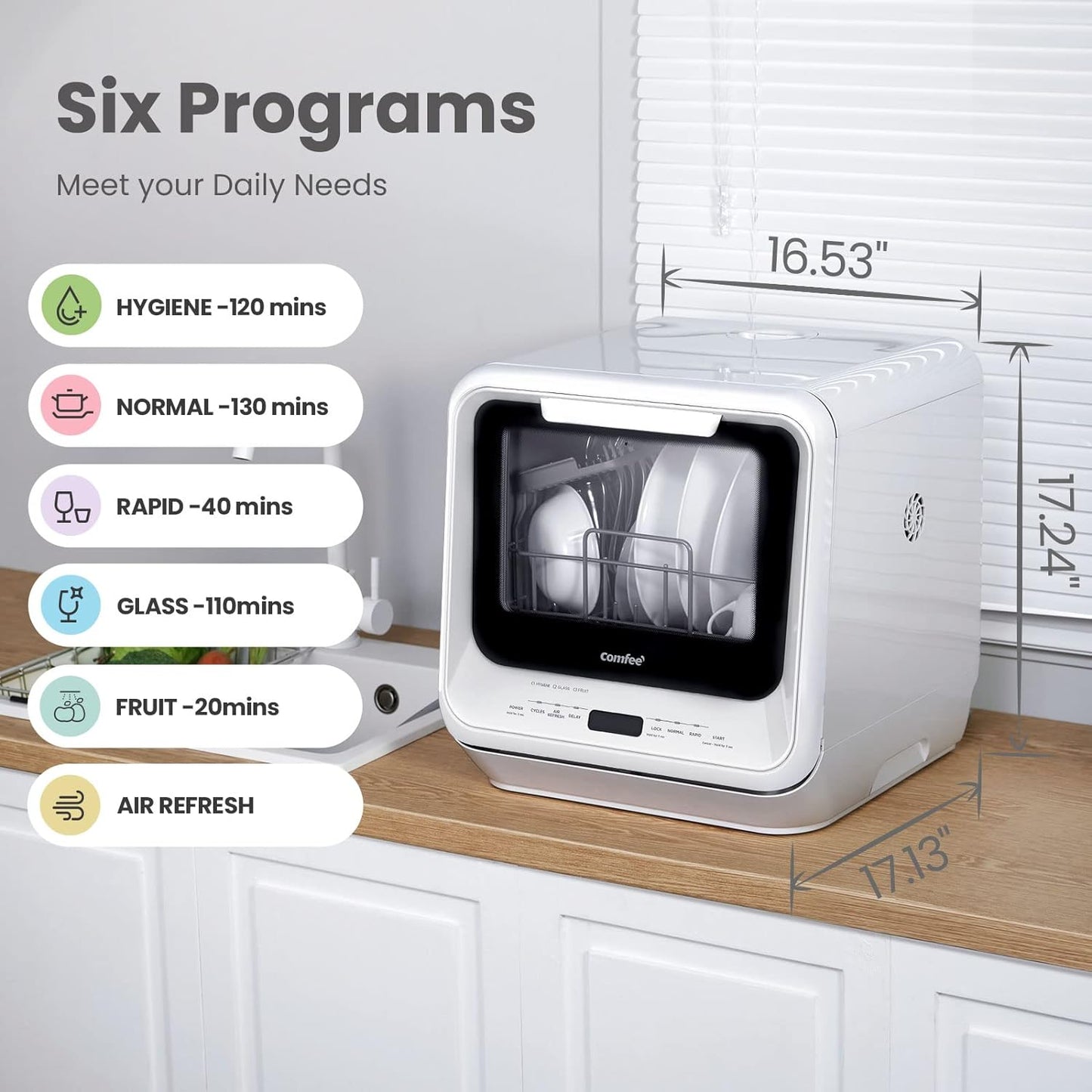 COMFEE' Portable Dishwasher Countertop with 5L Built-in Water Tank, No Hookup Needed, 6 Programs, 360?? Dual Spray, 192?H High-Temp& Air-Dry Function, Mini Dishwasher for RVs, White