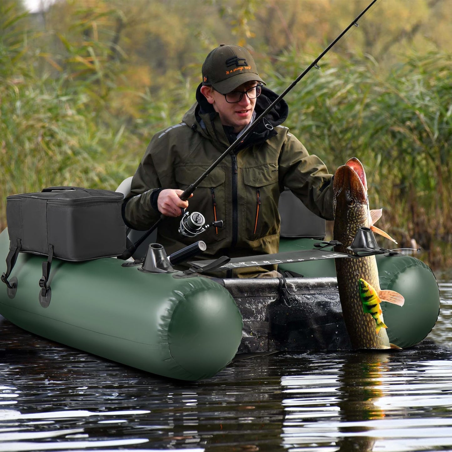 Inflatable Float Tube, Fishing Belly Boat with Fish Ruler, 2 Detachable Storage Bags, Pump, Carry Bag