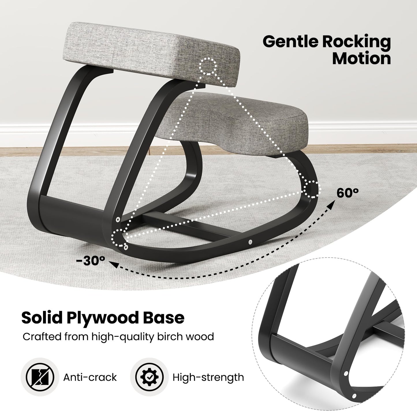 Ergonomic Kneeling Chair, Rocking Upright Posture Chair with Soft Seat & Knee Pads, Gray and Black