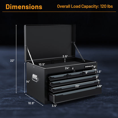 Steel Tool Box, 24�?Tool Chest Case with 6 Drawers, Top Storage, Automatic Lock