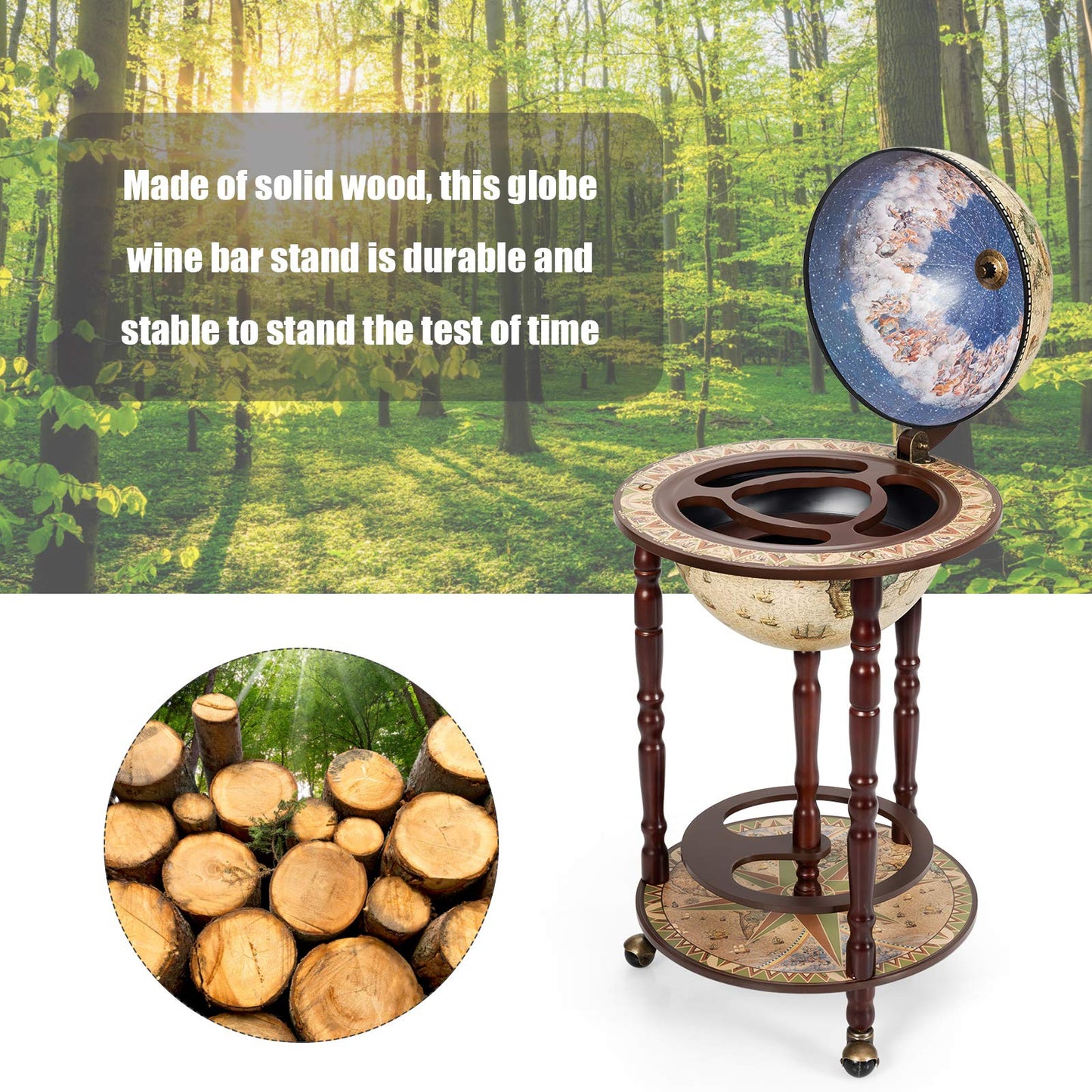 17" Wood Globe Wine Bar Stand 16th Century Italian Rack Liquor Bottle Shelf