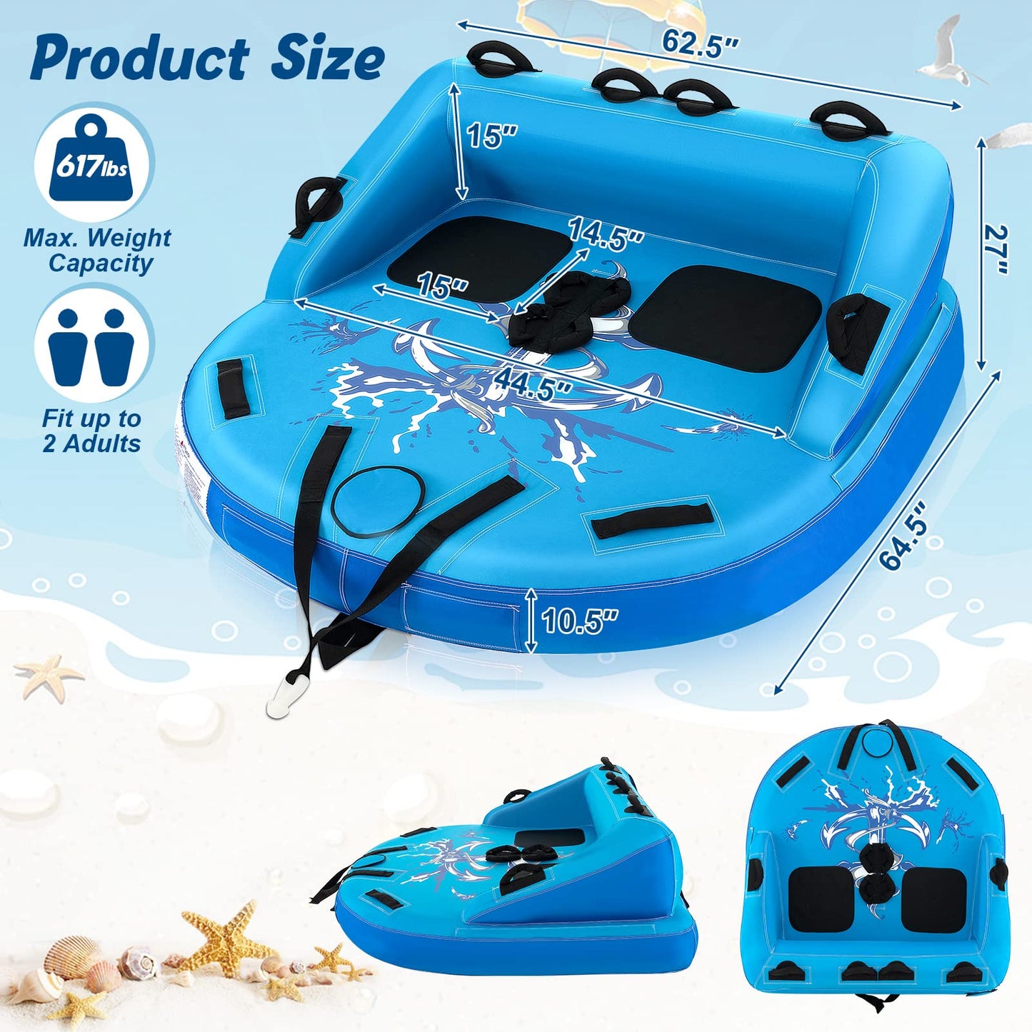 Inflatable Towable Tubes for Boating, 1-2 Person Water Sport Towables for Boat to Pull, Sofa Style Boat Tube with Drainage
