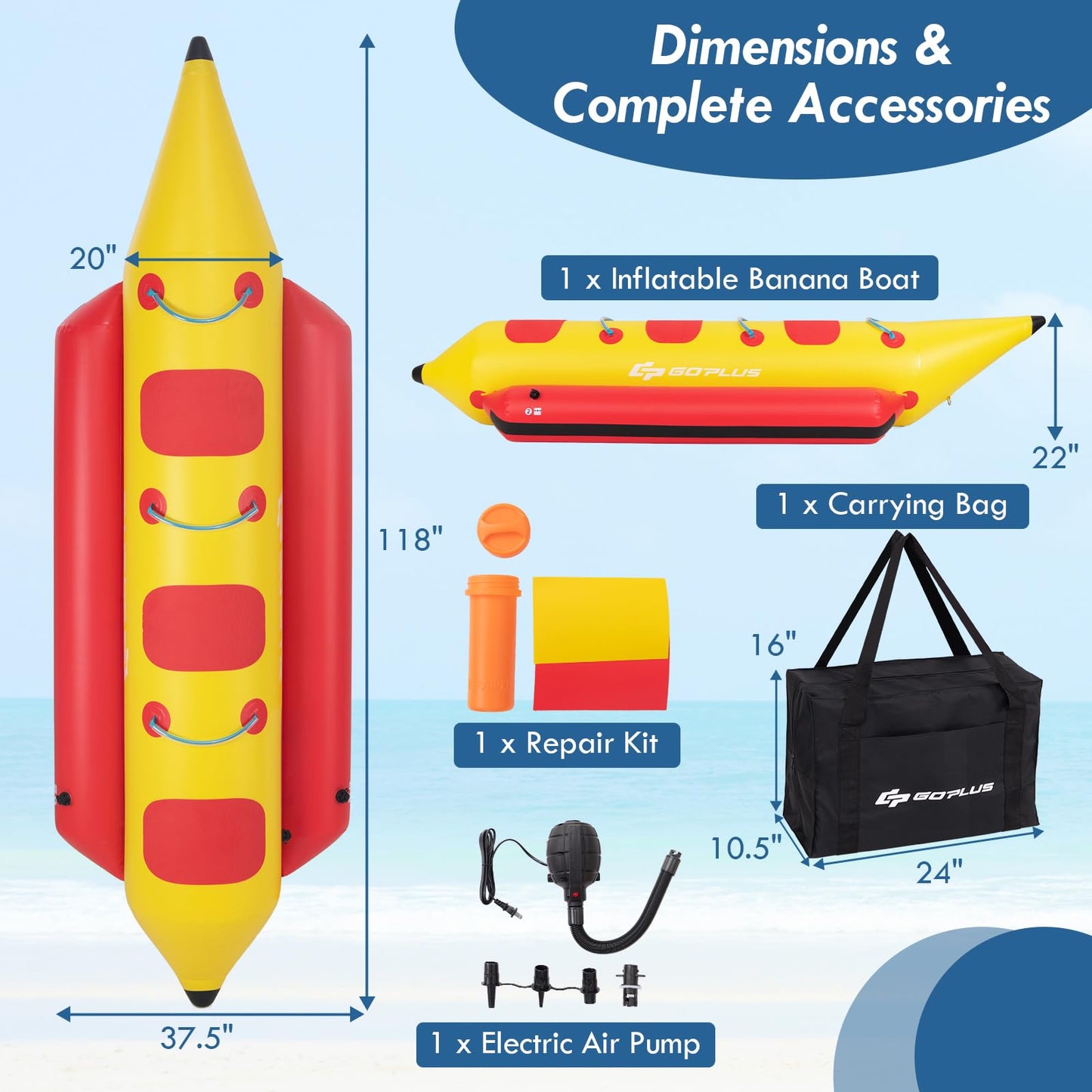 Inflatable Towable Tubes for Boating, 1-3 Rider Hot Dog Tube w/Electric Air Pump, Carrying Bag