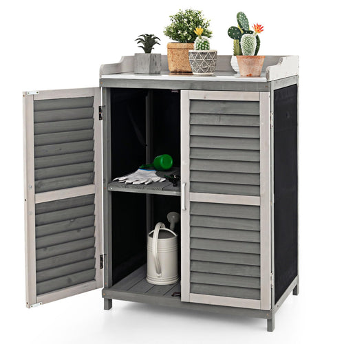 Goplus Outdoor Potting Bench Table, Garden Storage Cabinet w/Metal Tabletop