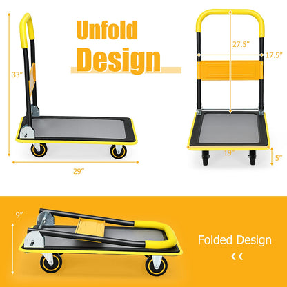 Folding Platform Cart, 330LBS Rolling Flatbed Cart Hand Platform Truck Push Dolly for Loading, Yellow