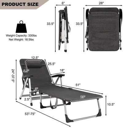 Chaise Lounge Chair, Folding Outdoor Patio Lounger with Cup Holder & Detachable Headrest
