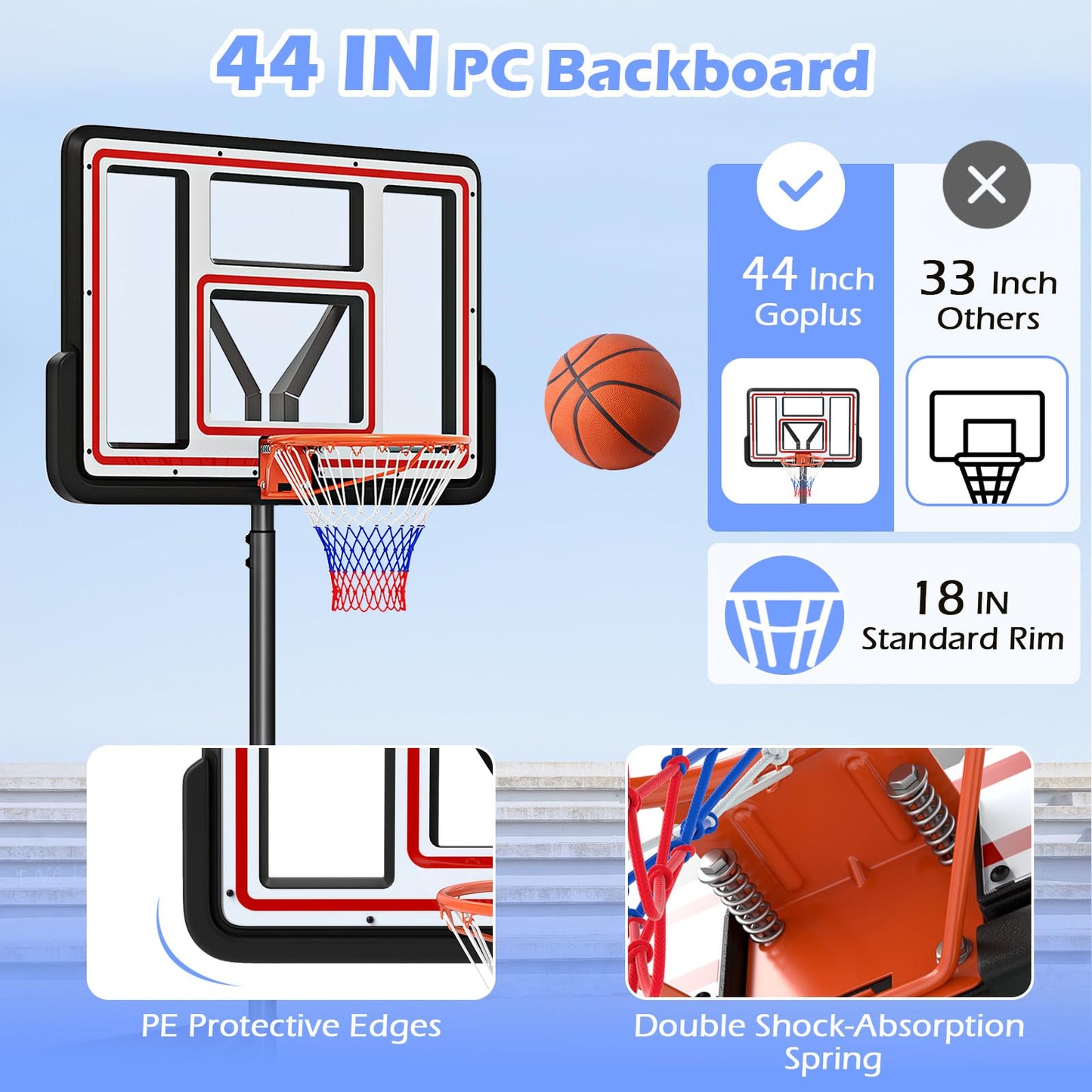Basketball Hoop Outdoor, 7.4-10FT Quickly Height Adjustable Basketball Goal with 44 Inch Shatterproof PC Backboard