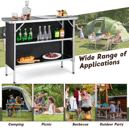 Goplus Folding Camping Table, Aluminum Portable Pop-Up Bar Table with 2-Tier Storage Shelves