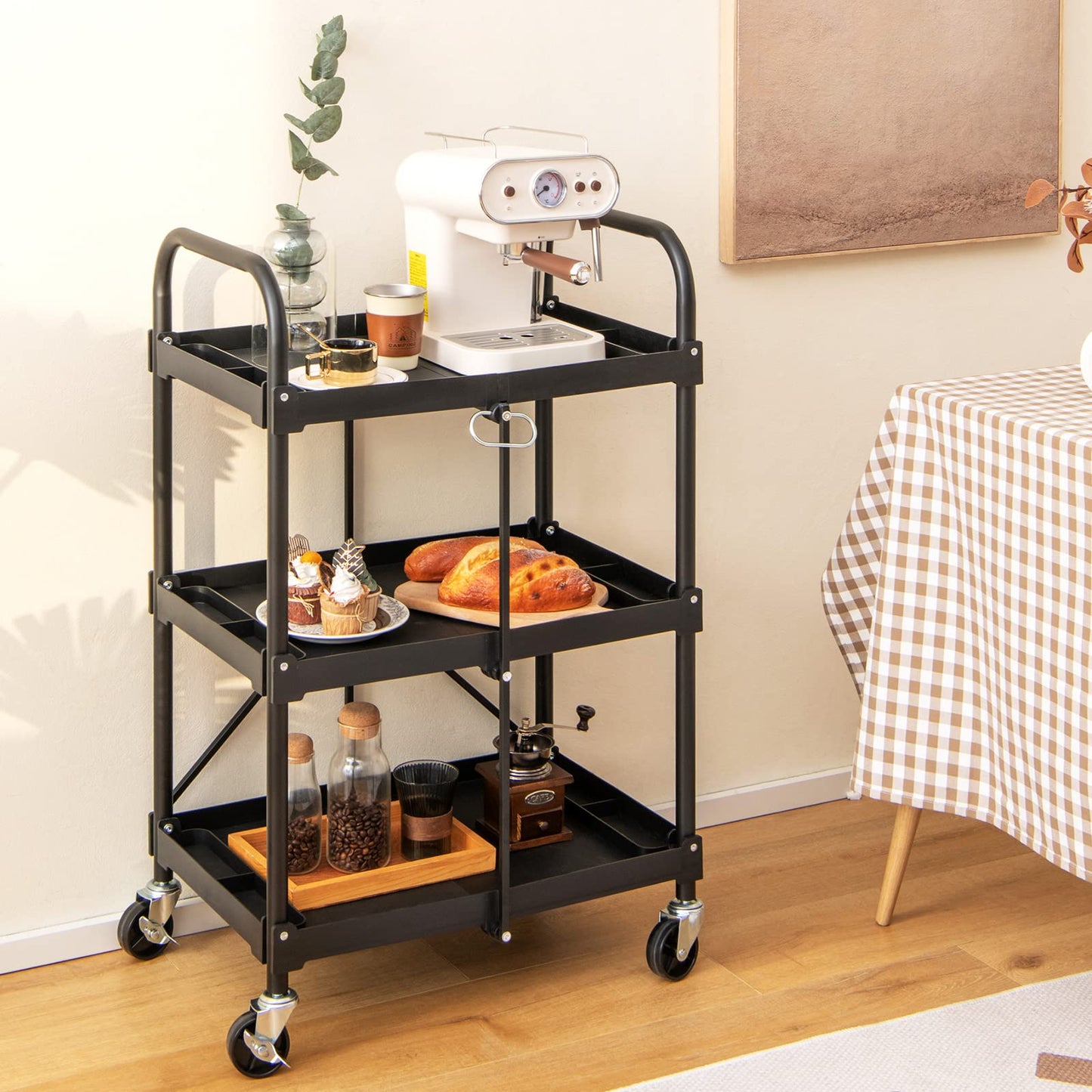 Folding Utility Cart, 3-Tier Rolling Tool Cart with Universal Wheels, 330 LBS Weight Capacity, Black