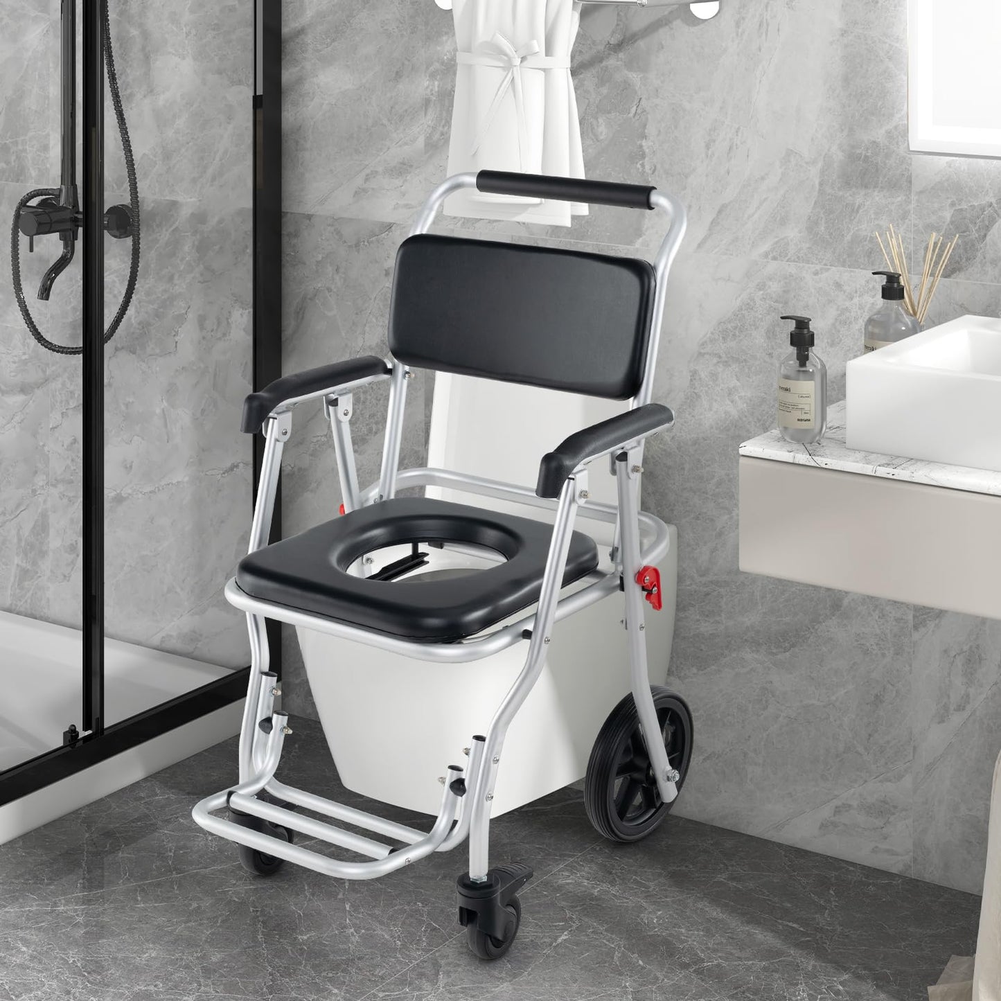 4 in 1 Shower Commode Wheelchair, 330lbs Foldable Bedside Commode Chair for Toilet with Arms