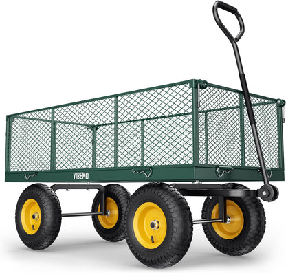 Steel Garden Cart, 2-in-1 1400 lbs Heavy Duty Utility Wagon, with Removable Mesh Sides to Convert into Flatbed, 240?? U-Turn 13" Pneumatic Tires Garden Wagon for Farm Yard Lawn Garden Camping