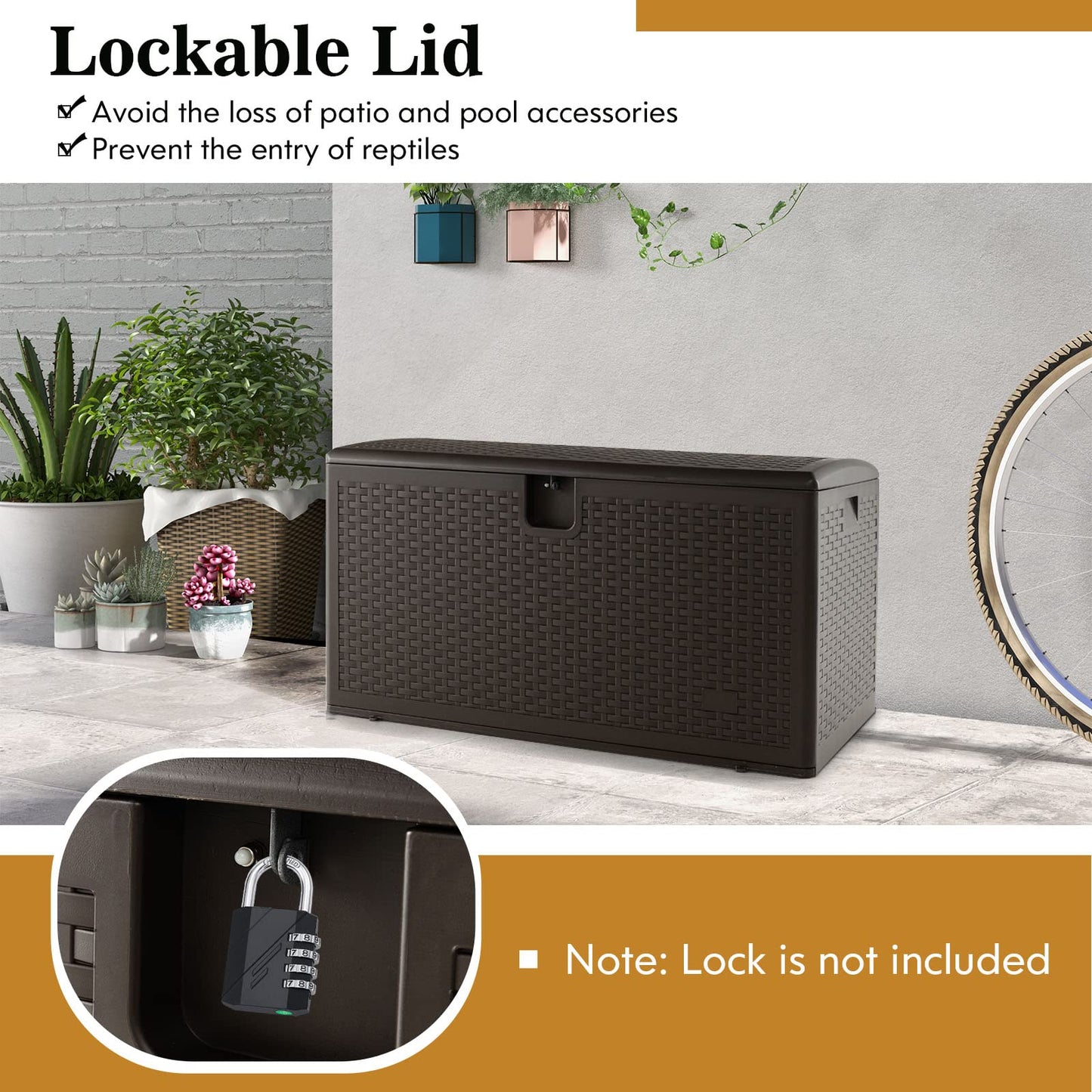 Outdoor Storage Box, 31 73 100 Gallon Waterproof Resin Patio Storage Box with Lockable Lid, Side Handle for Pillows, Cushions
