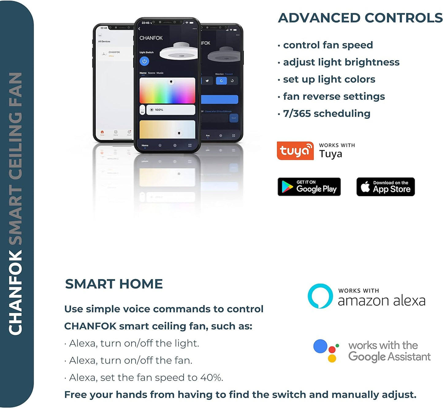 Low-profile smart ceiling fan with lights, APP control, remote compatibility, 6-speed reversible blade