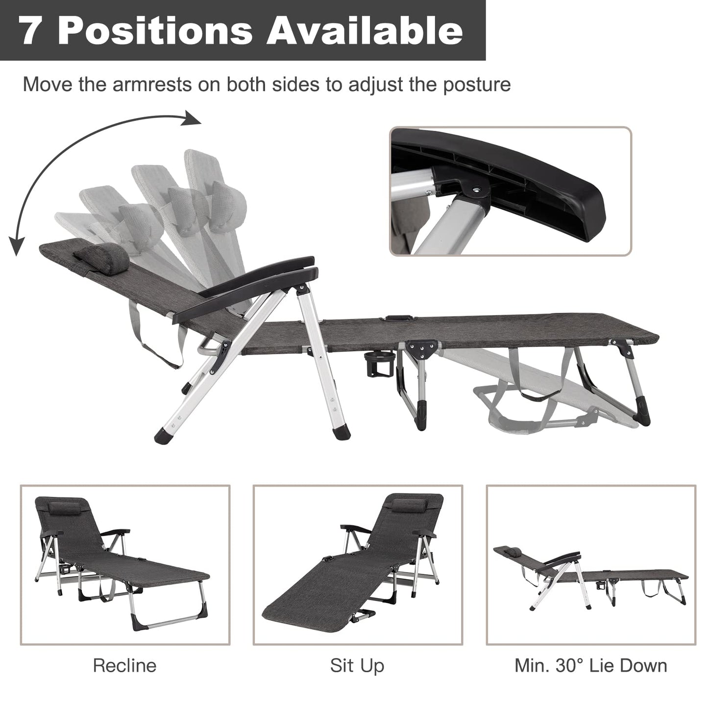 Chaise Lounge Chair, Folding Outdoor Patio Lounger with Cup Holder & Detachable Headrest