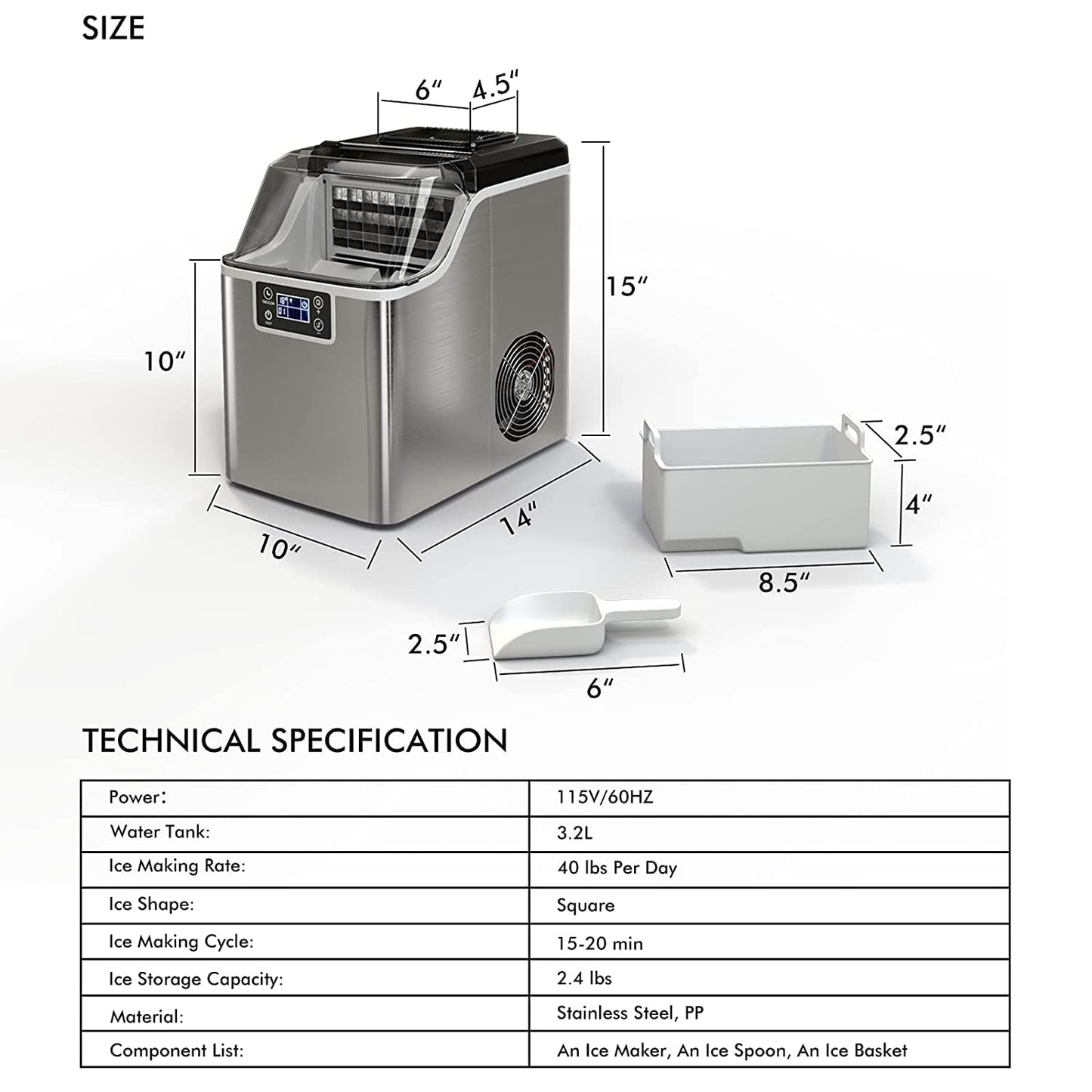 Countertop Ice Maker Machine, 45 Lbs/24H, 24 Pcs/13 Mins, 2 Ways to Add Water