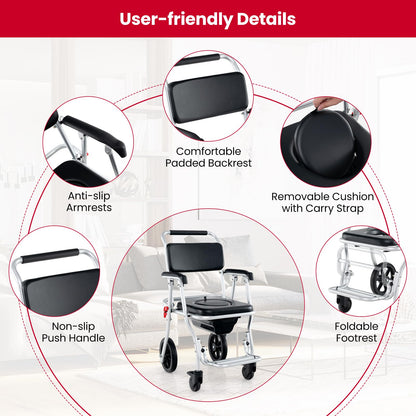 4 in 1 Shower Commode Wheelchair, 330lbs Foldable Bedside Commode Chair for Toilet with Arms