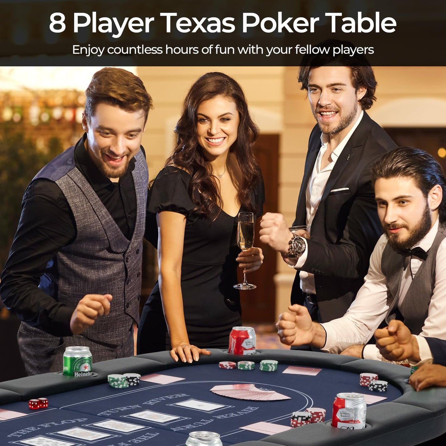 72�?Poker Table Foldable, 8 Players Card Board Game Table w/Deep Metal Cup Holders