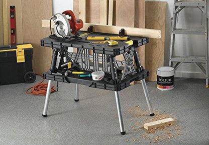 Keter ?C 197283 Folding Table Work Bench for Miter Saw Stand, Woodworking Tools and Accessories with Included 12 Inch Wood Clamps ?C Easy Garage Storage Black/Yellow