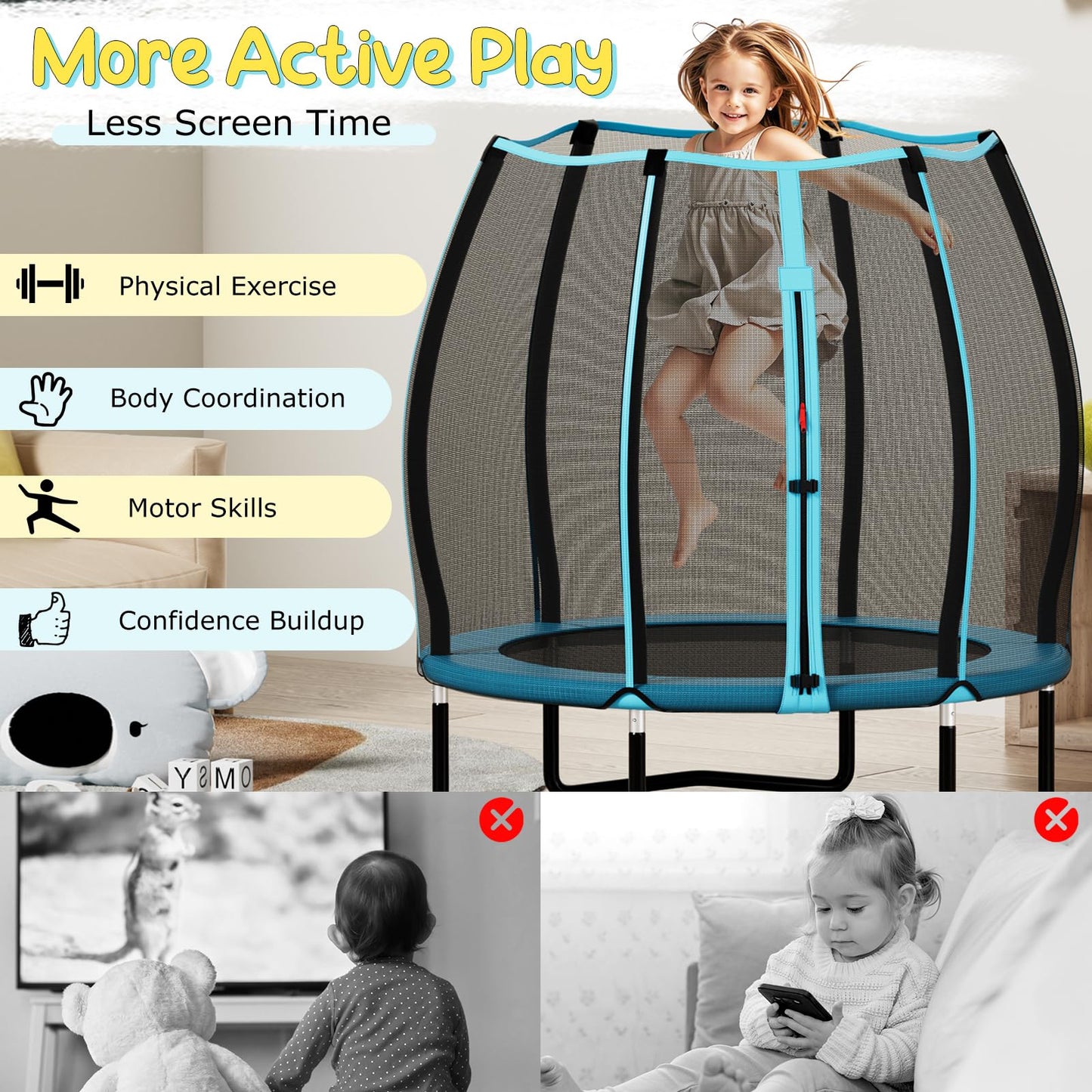 55" Trampoline for Kids, ASTM Approved Toddler Mini Trampoline w/Safety Enclosure Net