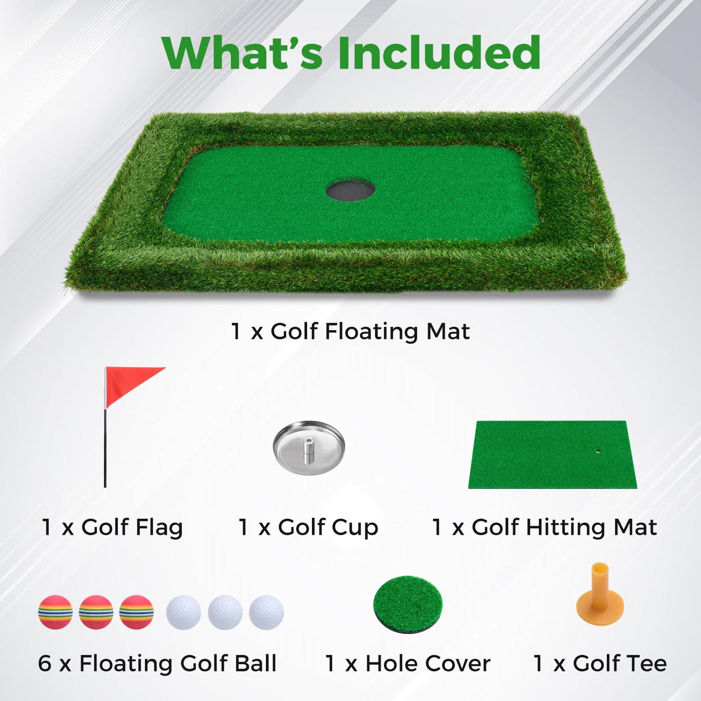 Floating Golf Green for Pool, Chipping Green Mat w/Hitting Mat, Golf Balls, Rectangle, 37.5" x 25.5"