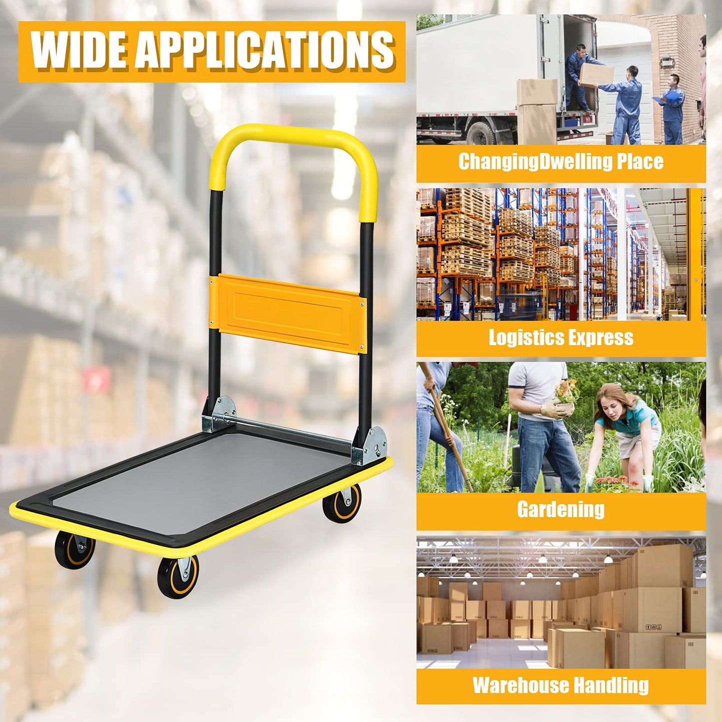 Folding Platform Cart, 330LBS Rolling Flatbed Cart Hand Platform Truck Push Dolly for Loading, Yellow
