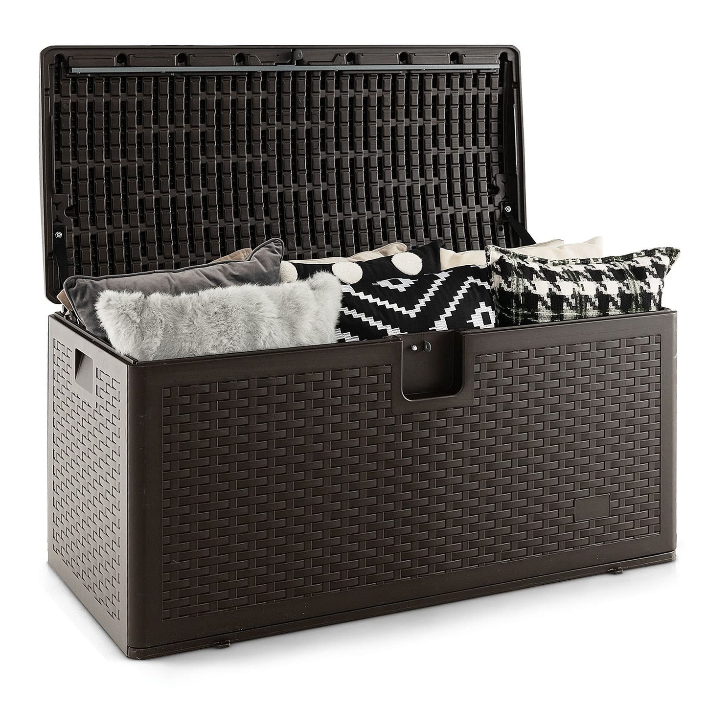 Outdoor Storage Box, 31 73 100 Gallon Waterproof Resin Patio Storage Box with Lockable Lid, Side Handle for Pillows, Cushions